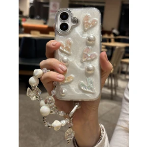 Paladyum Case iPhone 16 Plus Uyumlu Lux Işıltılı Inci Charmlı Kalpli Kılıf