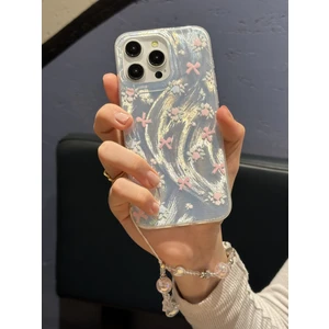 Paladyum Case iPhone 15 Pro Max Uyumlu Kurdeleli Çiçekli Desenli Boncuklu Bilek Askılı Charmlı Kılıf