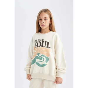Kız Çocuk Oversize Geniş Kalıp Bisiklet Yaka Baskılı Sweatshirt D2880A824WN