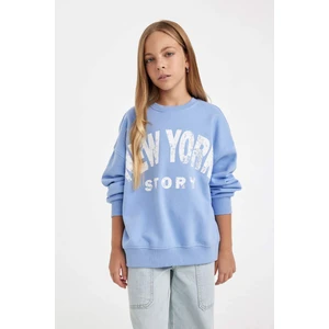 Kız Çocuk Oversize Geniş Kalıp Bisiklet Yaka Baskılı Sweatshirt D2880A824WN