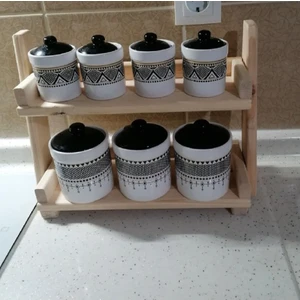 Ahşap Çift Katlı Baharat Rafı Tezgahı, Masa Üstü Baharat ve Uçucu Yağ Rafı 40X15X25 cm