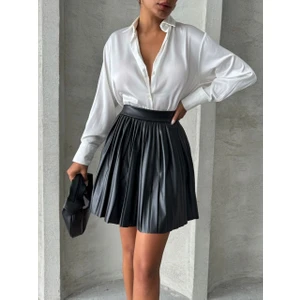 Pileli Suni Deri Mini Etek