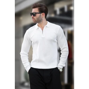 Uzun Kollu Erkek Kazak Beyaz Polo Yaka Düz Renk Klasik Tasarım