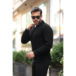 Oversize Gömlek Polo Yaka Selanik Örgülü Erkek Triko Kazak - Siyah
