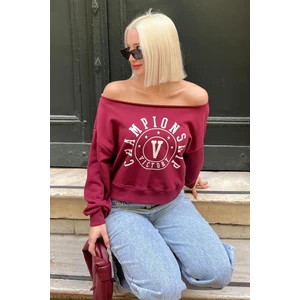 Bordo Kayık Yaka Baskılı Kadın Sweatshirt MG2205