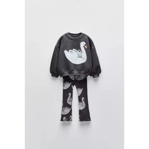 Yeni Sezon Kız Çocuk Kuğu Deseni Baskılı Pamuklu Sweatshirt ve Fitilli Taytlı Alt-Üst Takım