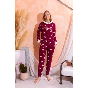 Kapüşonlu  Kışlık Kadın Peluş Polar Pijama Takımı - Yeni Yıl Pijaması