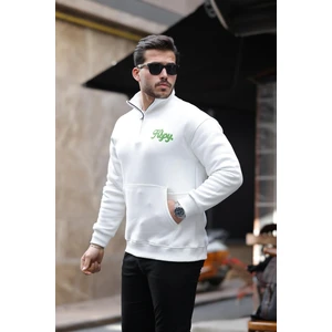 Cozy Kanguru Nakışlı Şardonlu Yarım Fermuar Sweatshirt - Ekru