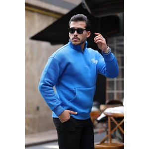 Cozy Kanguru Nakışlı Şardonlu Yarım Fermuar Sweatshirt - Mavi