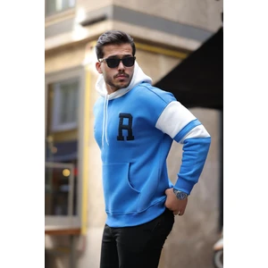 Sportif Şerit Detaylı Şardonlu Kapüşonlu Sweatshirt - Mavi