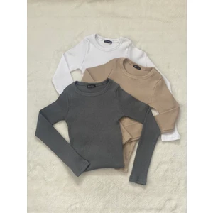 Kadın  Pamuklu 3'lü Bisiklet Yaka Uzun Kollu Fitilli Bluz Set