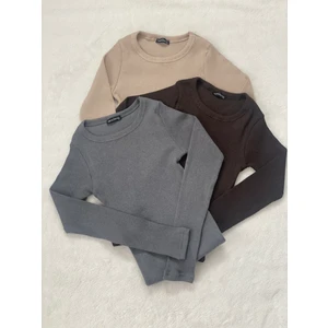 Kadın  Pamuklu 3'lü Bisiklet Yaka Uzun Kollu Fitilli Bluz Set