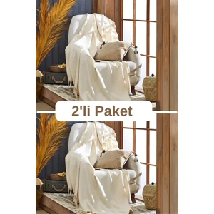 Miracolo Home 2li Ekru Pamuklu Tekli Koltuk ve Berjer Örtüsü - Tv Battaniyesi Throw  120*150 Cm. Saçakları Bağlı