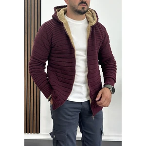 Erkek İçi Kürklü Kapüşonlu Fermuarlı Triko Hırka Bordo T743