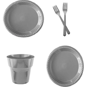 Gri Plastik Tabak Bardak Çatal Seti 25 Parça Şık Tasarım Parti Malzemeleri