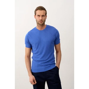 Erkek Desenli Bisiklet Yaka Slim-Fit Kalıp Ince Triko T-Shirt Saks - 5015DNGR