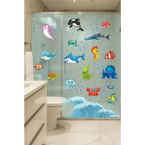 Ayza Tasarım Deniz Canlıları Sevimli Balıklar ve Su Damlaları Çocuk Odası Banyo Duvar Sticker Duvar Çıkartması