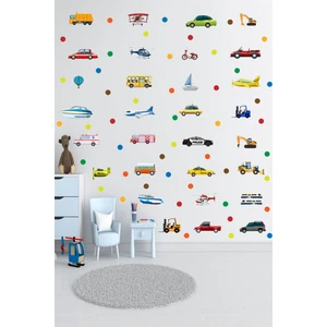 Ayza Tasarım Sevimli Taşıtlar Araçlar ve Daire Desen Temalı Çocuk Odası Duvar Sticker Seti Duvar Çıkartması