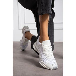 Star Beyaz Deri Süet Taş Detaylı Kadın Spor Ayakkabı