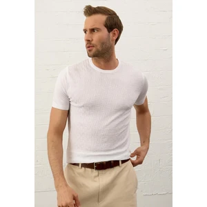 Erkek Desenli Bisiklet Yaka Slim-Fit Kalıp Ince Triko T-Shirt Beyaz - 5015DNGR