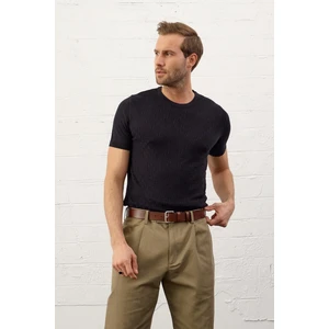 Erkek Desenli Bisiklet Yaka Slim-Fit Kalıp Ince Triko T-Shirt Siyah - 5015DNGR