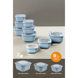 9lu 3X(600-1100-1800 Ml) Mikrodalga ve Difrize Uygun Vip Kapaklı Özel Saklama Kabı Seti Mavi
