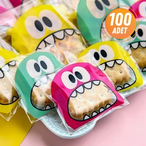 Eliz Party Karışık Renk Canavar Desenli Bantlı Şeffaf Jelatin Poşet 10x15 cm 100 Adet