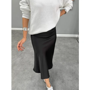 Esra Helvacı Siyah Saten Fermuarlı Midi Etek