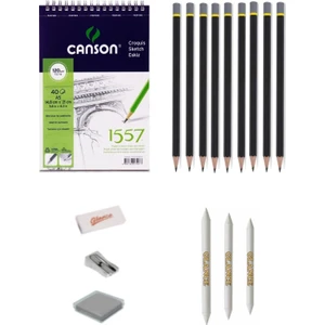 Canson 1557 Eskiz Defterli 9 Karakalem Çizim Seti Pastel Dağıtma, Kalemtıraş, Silgi Eskiz Seti