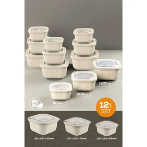 12LI 4X(600-1100-1800 Ml) Mikrodalga ve Difrize Uygun Vip Kapaklı Özel Saklama Kabı Seti Bej