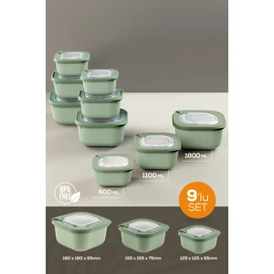 9lu 3X(600-1100-1800 Ml) Mikrodalga ve Difrize Uygun Vip Kapaklı Özel Saklama Kabı Seti Yeşil