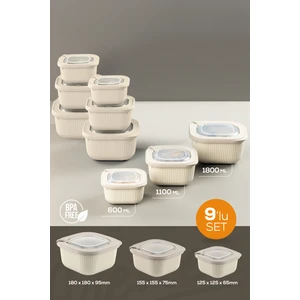 9lu 3X(600-1100-1800 Ml) Mikrodalga ve Difrize Uygun Vip Kapaklı Özel Saklama Kabı Seti Bej