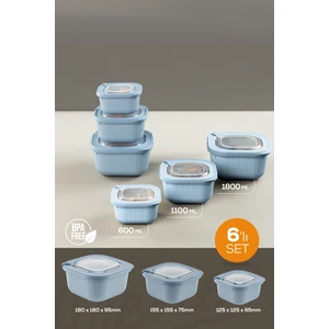 6lı 2X(600-1100-1800 Ml) Mikrodalga ve Difrize Uygun Vip Kapaklı Özel Saklama Kabı Seti Mavi