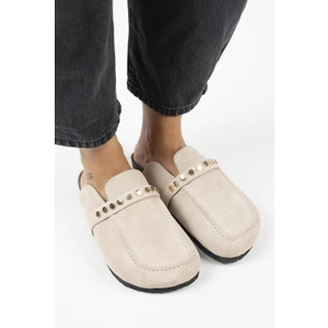 Bonita 2 Kadın Hakiki Deri Troklu Sabo Bej Terlik