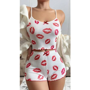 Stilim Trend Beyaz Ince Askılı Dudak Desenli Kısa Şortlu Kadın Saten Pijama Takımı