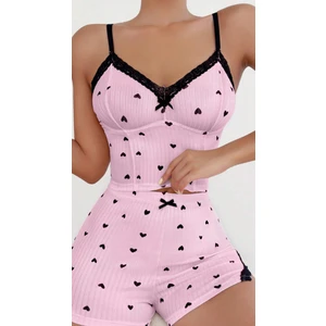 Stilim Trend Saten Ince Askılı Ekose Şortlu Pembe 2li Kadın Şortlu Pijama Takımı