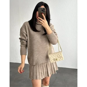 Juli Dress Koyu Vizon Renk Pileli Mini Etek Balıkçı Kazak Alt Üst Triko Takım