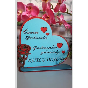 Öğretmen Gününe Hediye "Canım Öğretmenim" Kalp ve Gül Detaylı Ahşap Masaüstü Tablo