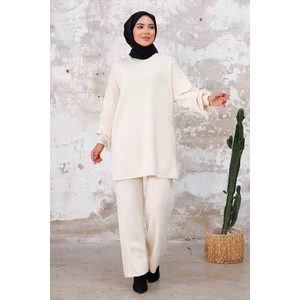 Püskül Kol Tunik Pantolon Ikili Triko Takım 1234 - Ekru