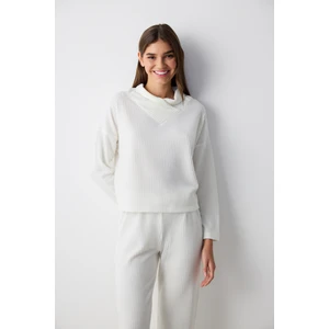 Mila Waffle Ekru Pantolon Pijama Takımı
