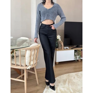 Hlt Jeans Kaplamalı Siyah Kadın Wide Leg Jean Yüksek Bel Palazzo Likralı Esnek Kot Pantolon JESSİCA-2037