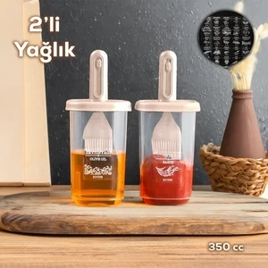 Porsima 0520 2'li Etiketli Silikon Fırçalı Yağlık - Sosluk-Yağdanlık Erzak Saklama Kabı 350CC - Cappuccino