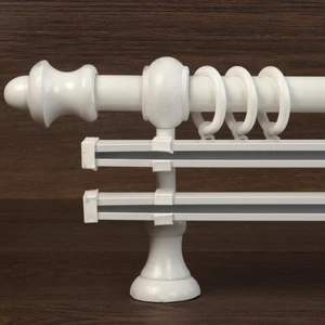 Beyaz ahşap rustik çift raylı perde askısı
