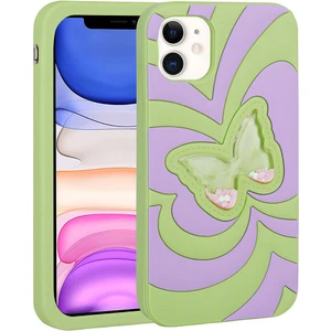 Apple iPhone 11 Kılıf Sıvılı Simli Kelebekli Tasarım Zore Vodena Kapak-Yeşil