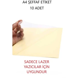 packmira etiket&ambalaj 10 Adet Yapışkanlı Şeffaf A4 Etiket Sadece Lazer Yazıcılara Uyumlu Sticker