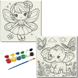 Dudu Gift Okul Etkinliği 2'li Tuval Boyama Seti 20 x 20 cm Uv Baskı 6 Akrilik Boya 1 Fırça model 169