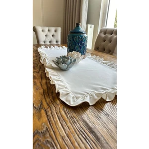 Decamor Home Keten Dokulu Dertsiz Leke Tutmaz Vintage Tam Fırfırlı Ekru Runner