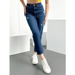 Hlt Jeans Mavi Yıpratma Kadın Mom Jean Yüksek Bel Likralı Esnek Kot Pantolon Anna-Mvypt