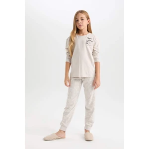 Kız Çocuk Pijama Takımı Bisiklet Yaka Baskılı Uzun Kollu Üst Beli Lastikli Uzun Alt D6656A824WN