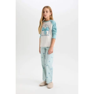 Kız Çocuk Pijama Takımı Baskılı Uzun Kollu Üst Çizgili Uzun Alt D6059A824AU